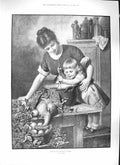 Original Old Antique Print Brown 1889 Little Girl Stirring Christmas Pudding