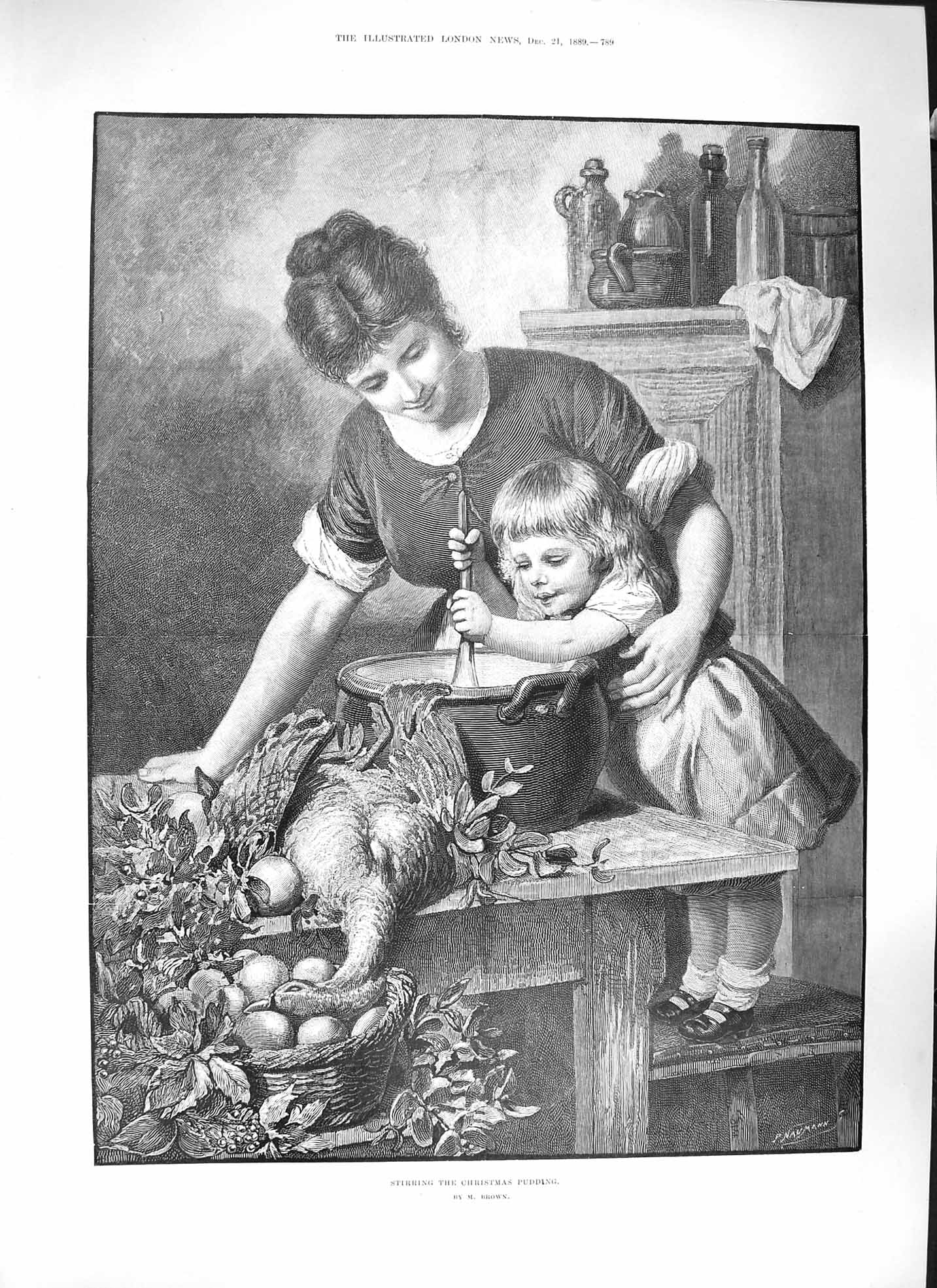 Original Old Antique Print Brown 1889 Little Girl Stirring Christmas Pudding