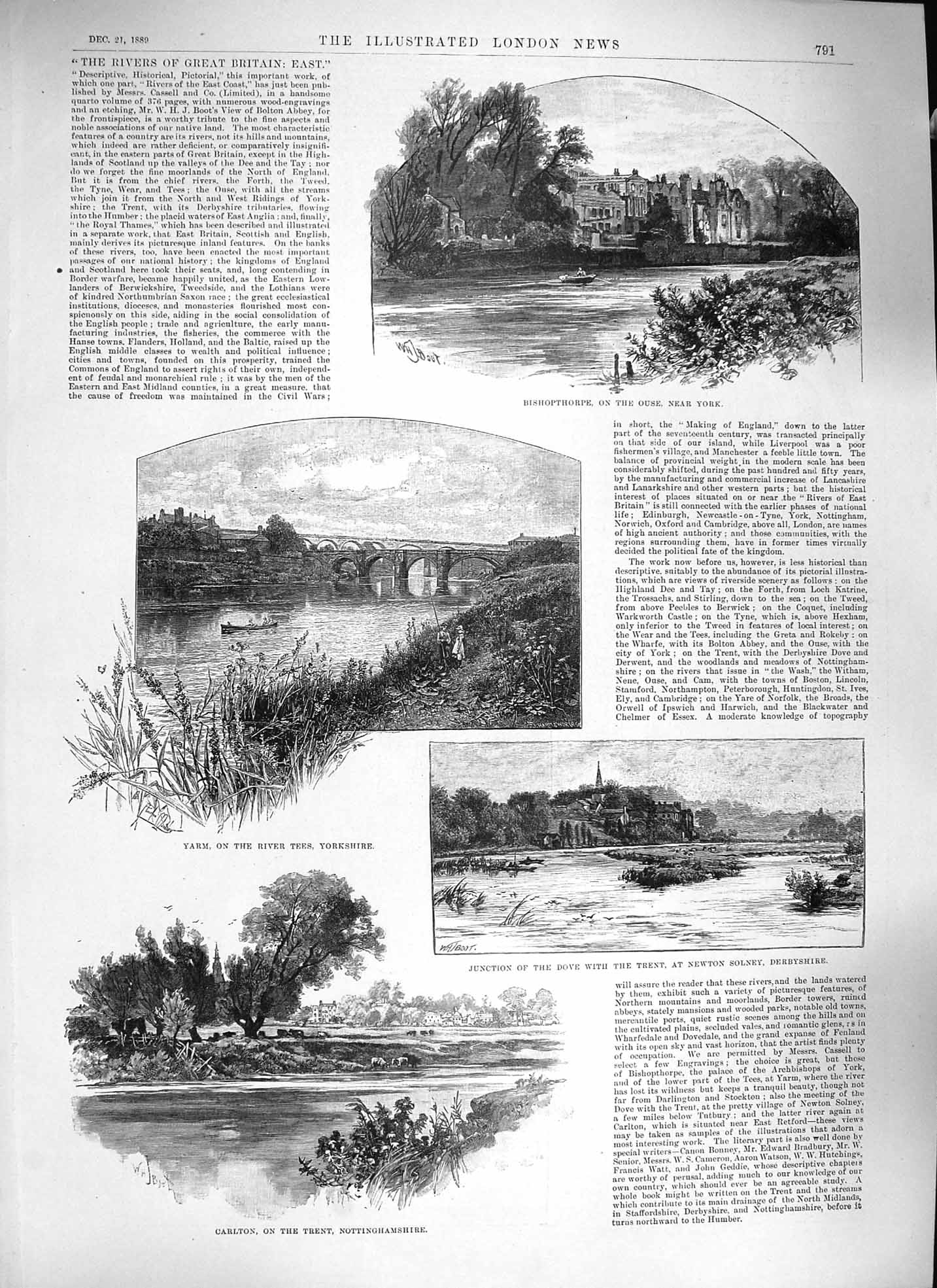 Original Old Antique Print 1889 Bishopthorpe Yarm Carlton River Ouse Tee 19th