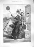 Old Antique Print 1889 Christmas Australia Ladies Train Railway Station 19th
