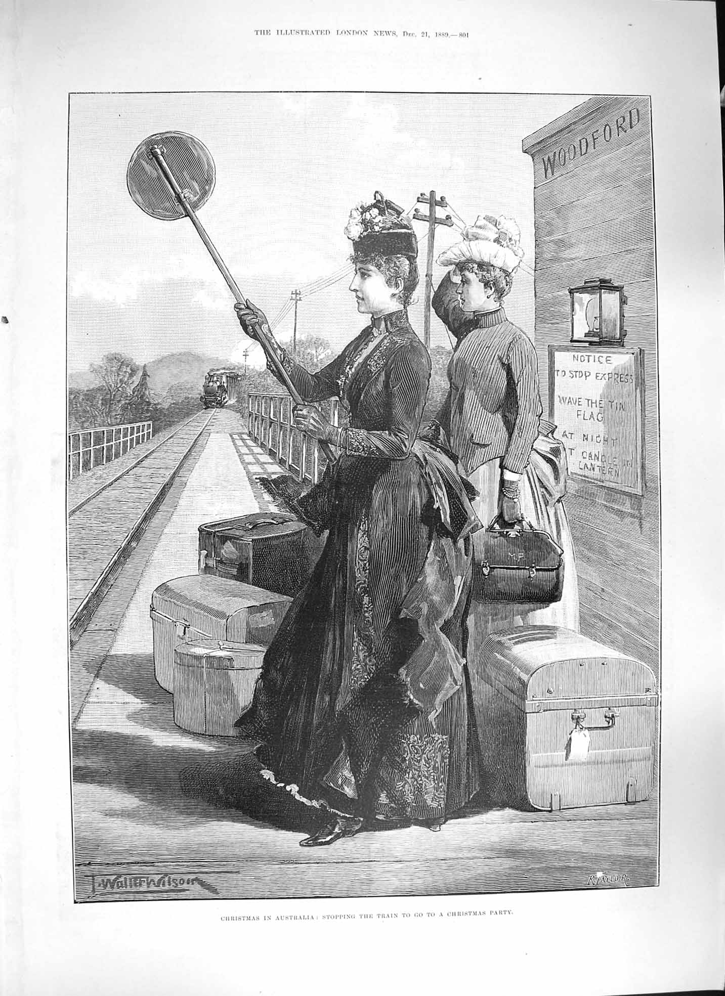 Old Antique Print 1889 Christmas Australia Ladies Train Railway Station 19th