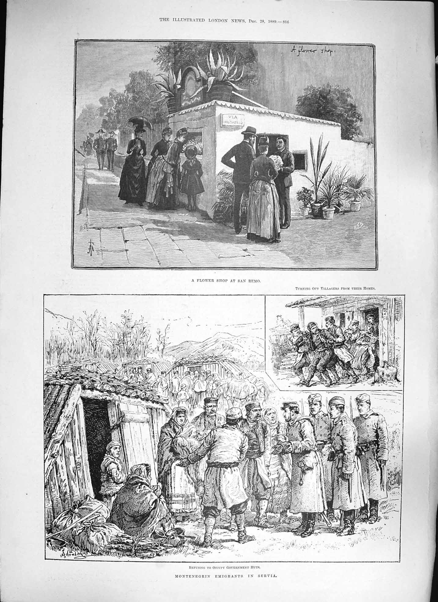 Old Antique Print 1889 Flower Shop San Remo Montenegrin Emigrants Servia 19th