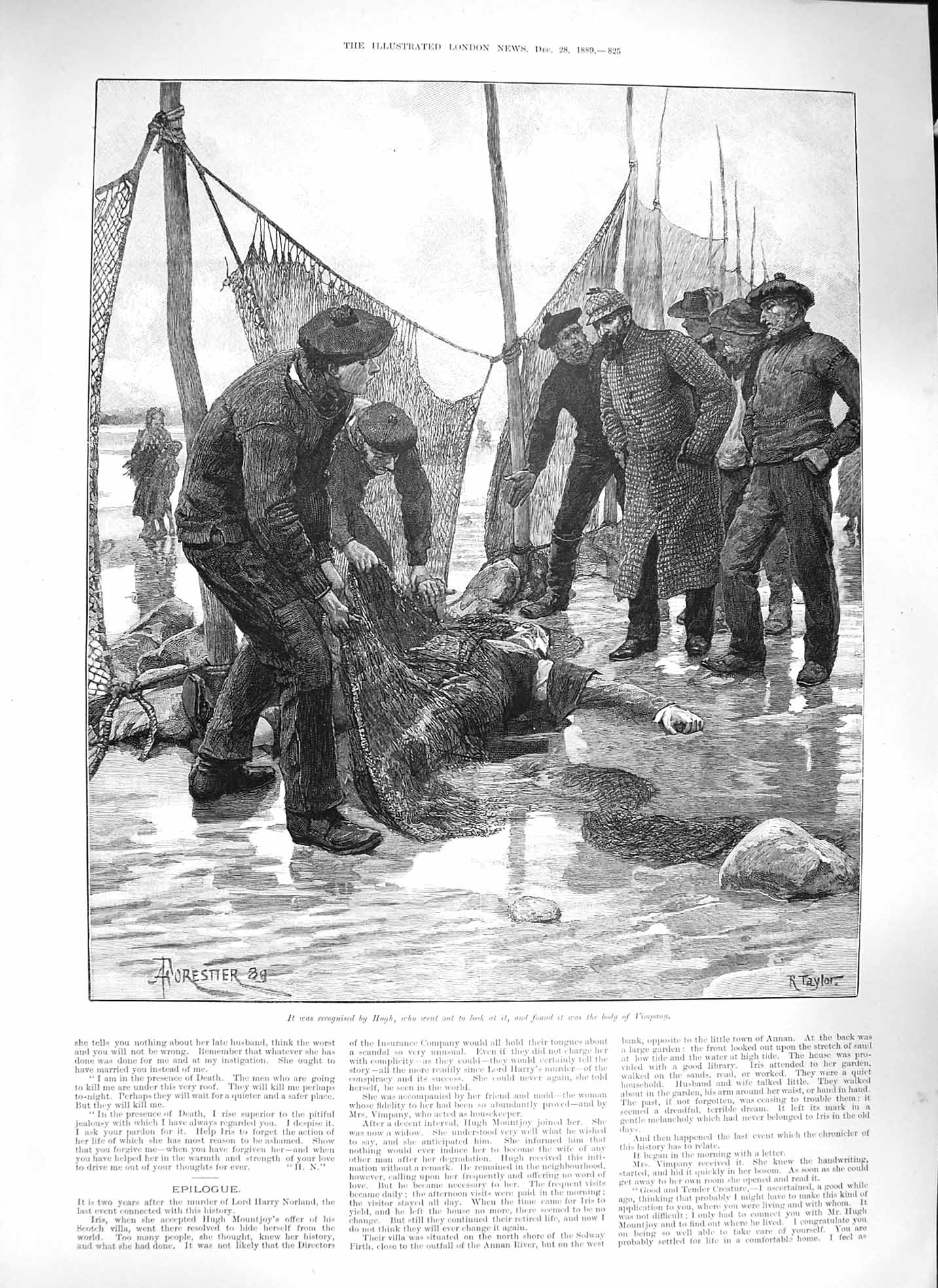 Original Old Antique Print Forestier 1889 Fishermen Fishing Nets Dead Body Man