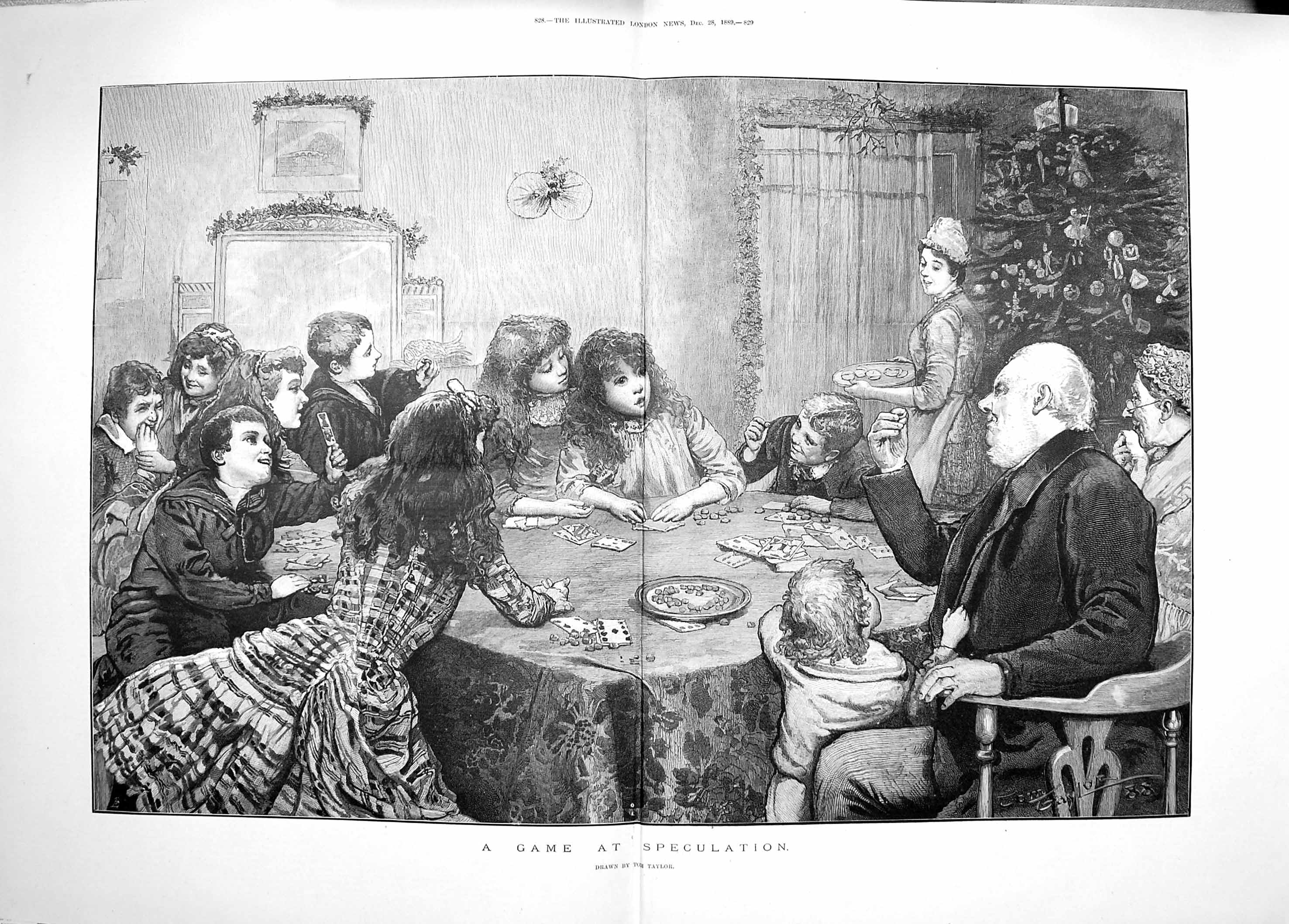 Original Old Antique Print 1889 Game Speculation Children Man Deck Cards 19th