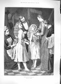 Original Old Antique Print 1889 New Year Family Scene Children Mum Dad Servant
