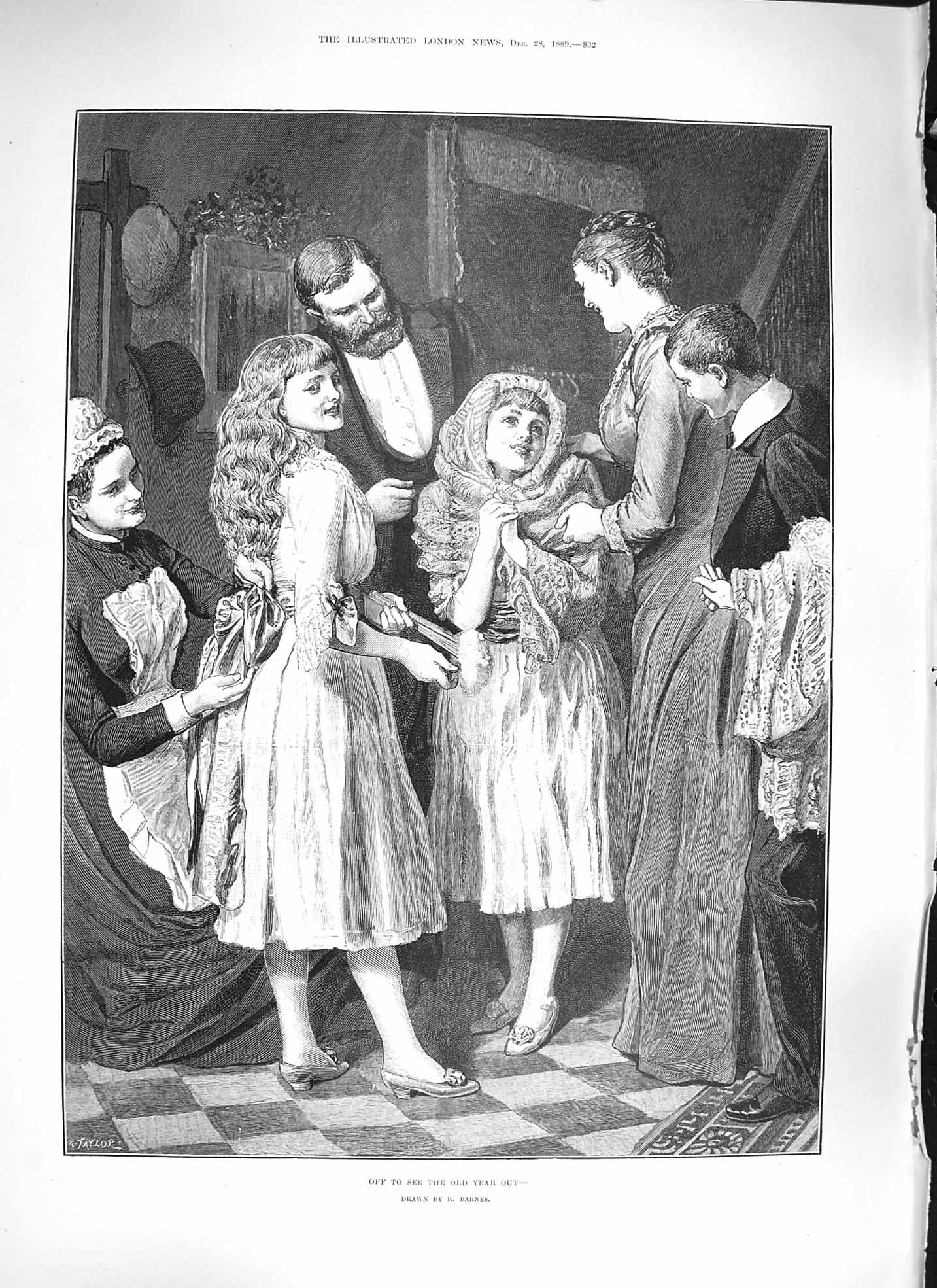 Original Old Antique Print 1889 New Year Family Scene Children Mum Dad Servant