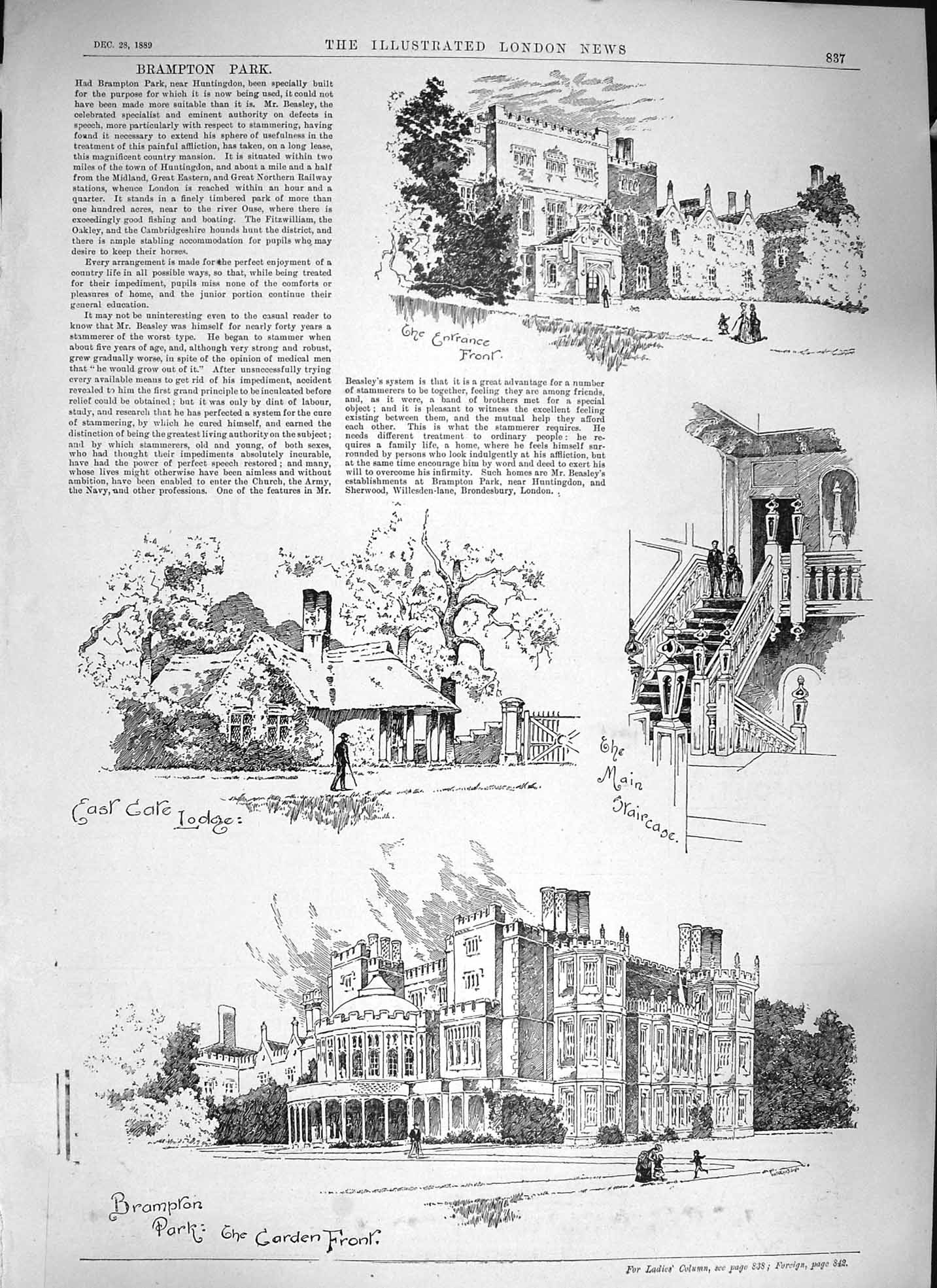 Original Old Antique Print 1889 Brampton Park Gate Lodge Garden Archi Victorian