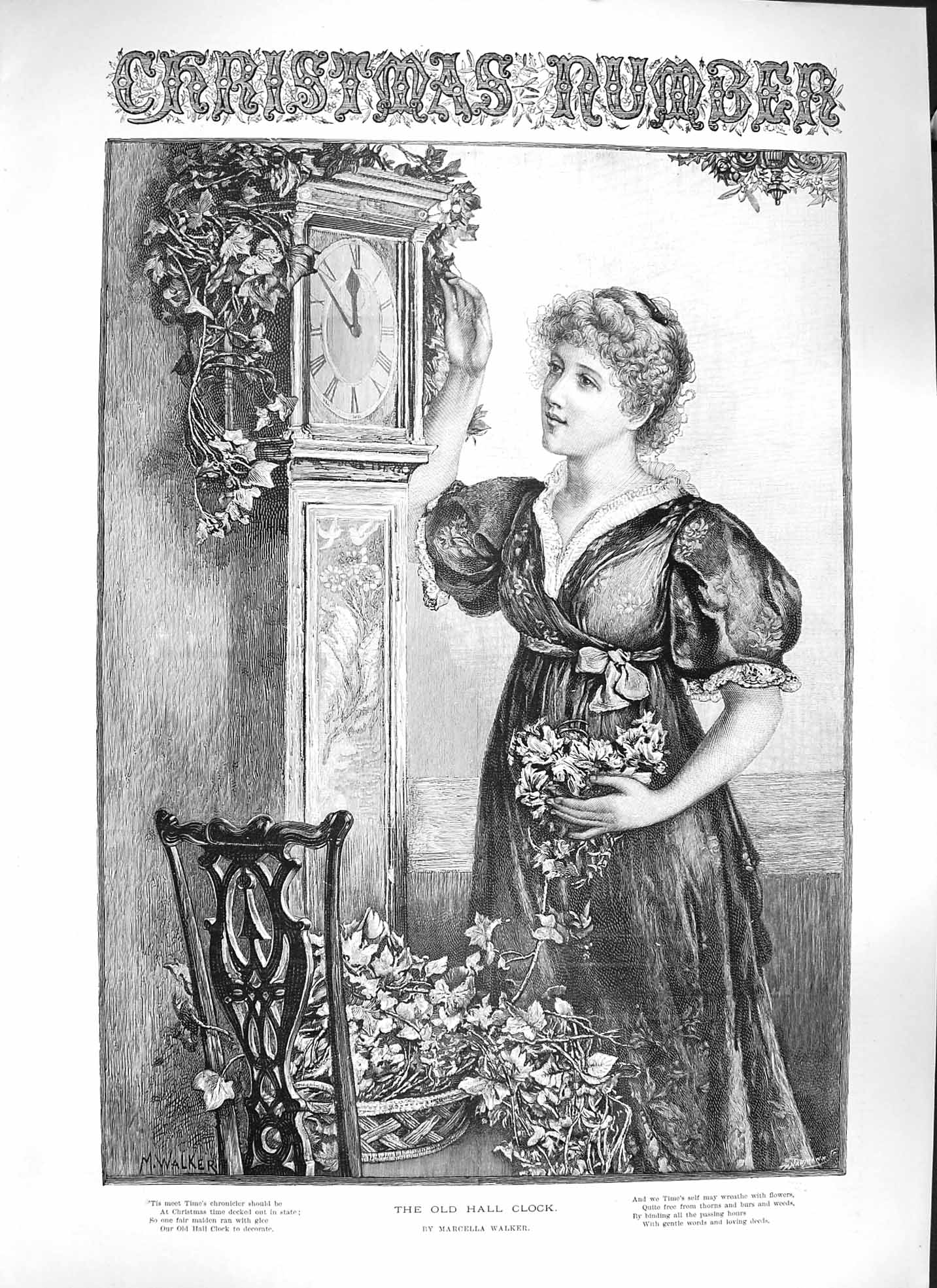 Original Old Antique Print Walker 1889 Hall Clock Young Woman Holly Victorian