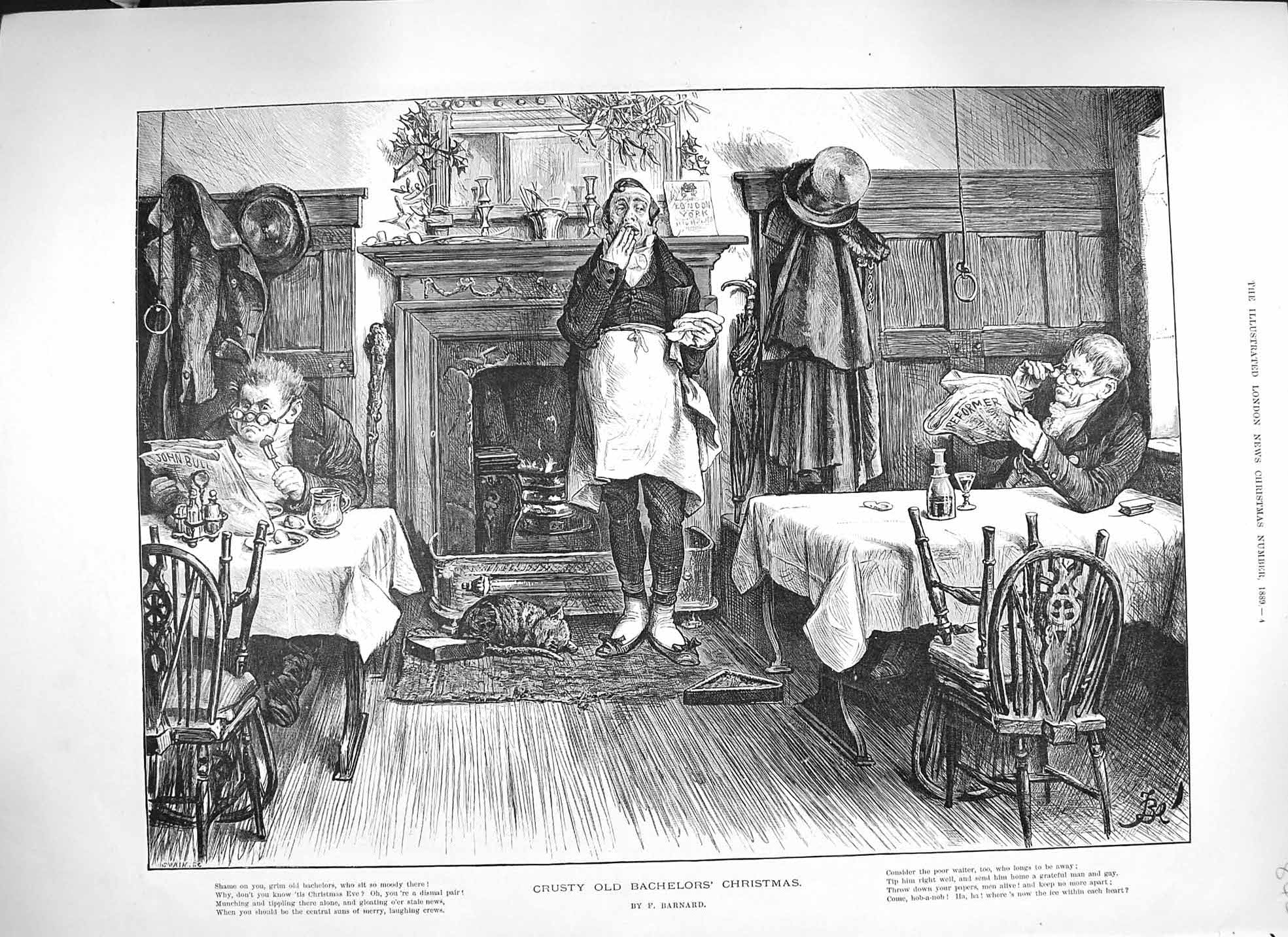 Original Old Antique Print Barnard 1889 Crusty Bachelors Christmas Men 19th