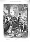 Original Old Antique Print Hunt 1889 Arrival Folk Family Home Guests Victorian