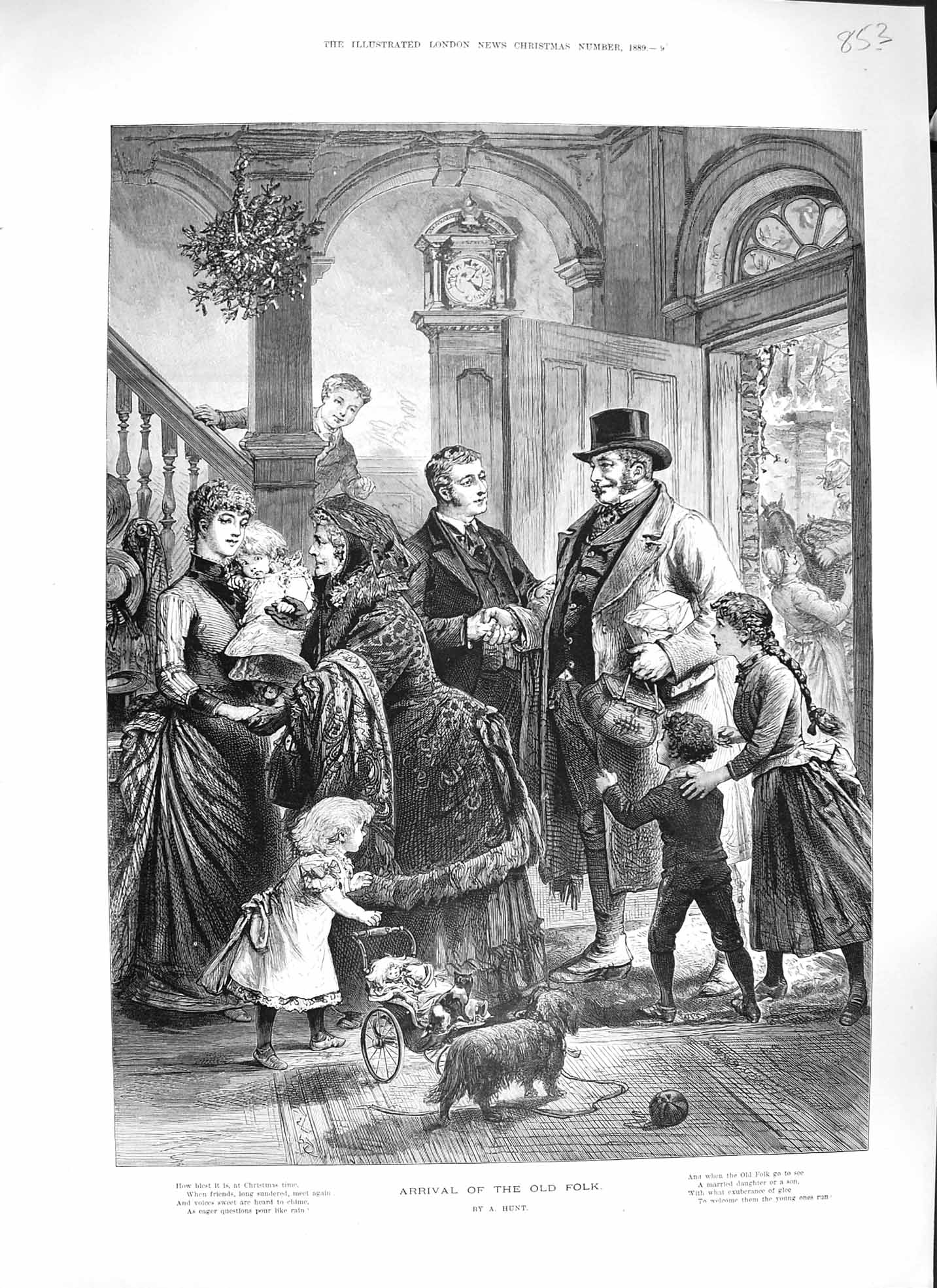 Original Old Antique Print Hunt 1889 Arrival Folk Family Home Guests Victorian