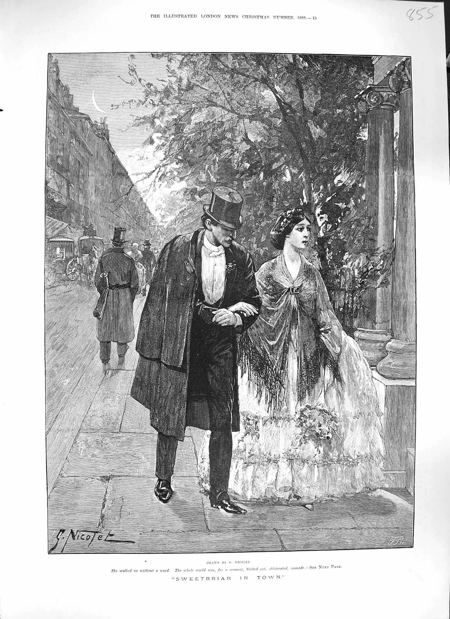 Original Old Antique Print Nicolet 1889 Sweetbriar Romance Man Woman Victorian