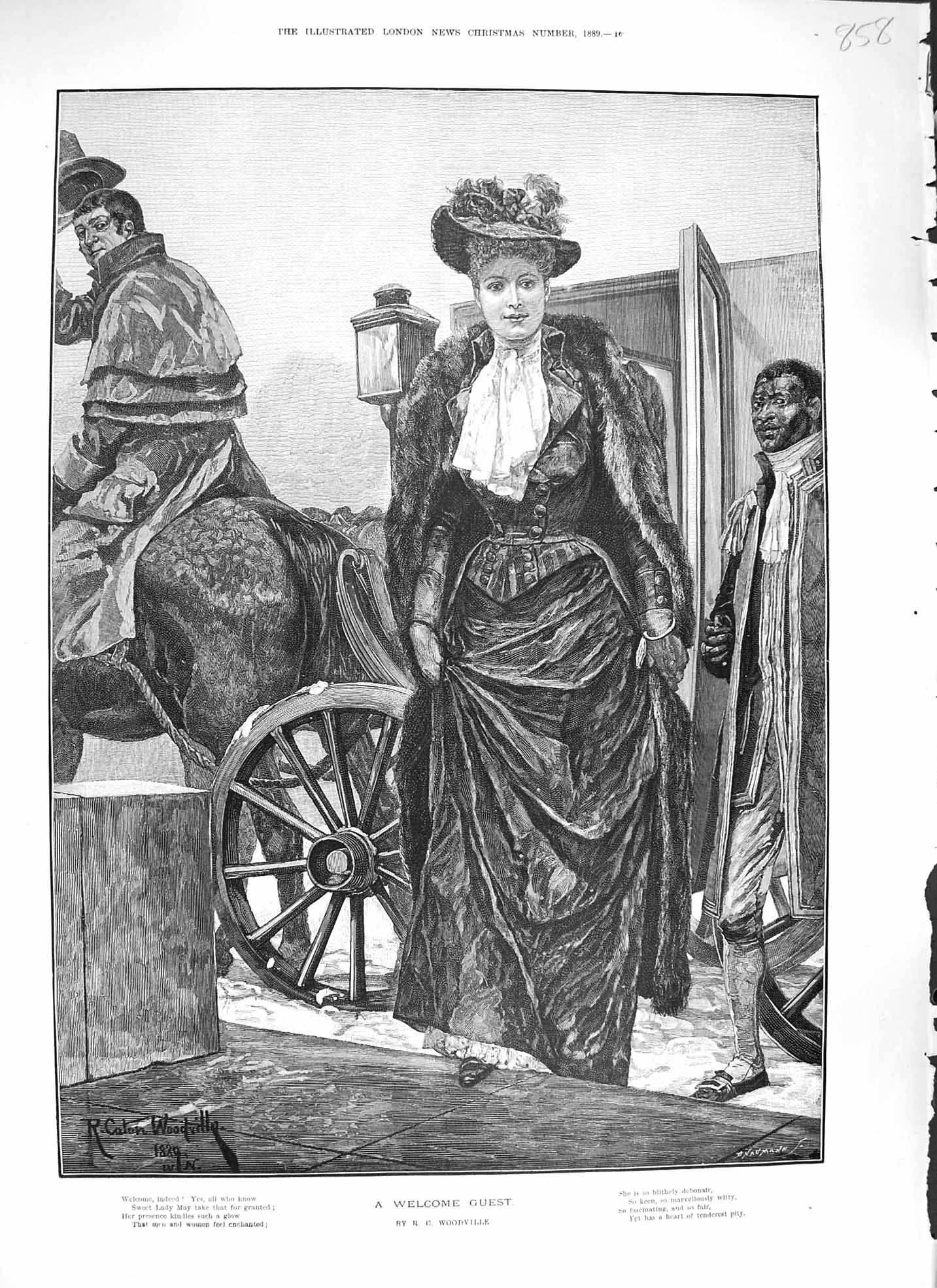 Original Old Antique Print Woodville 1889 Welcome Guest Woman Carriage 19th