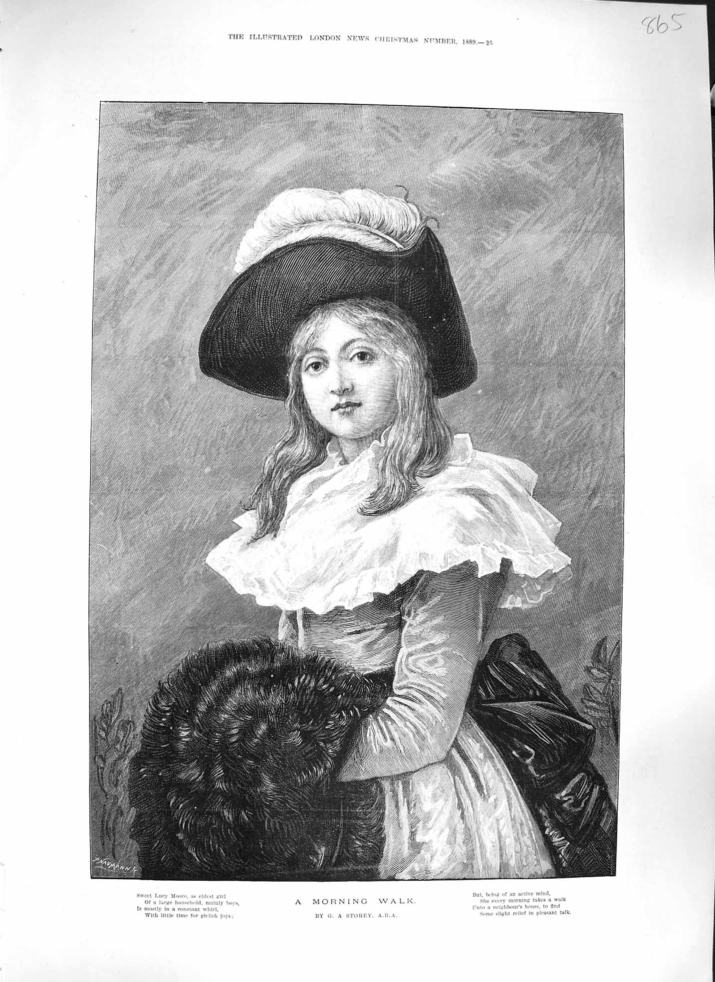 Original Old Antique Print Storey 1889 Morning Walk Young Girl Lucy Moore 19th