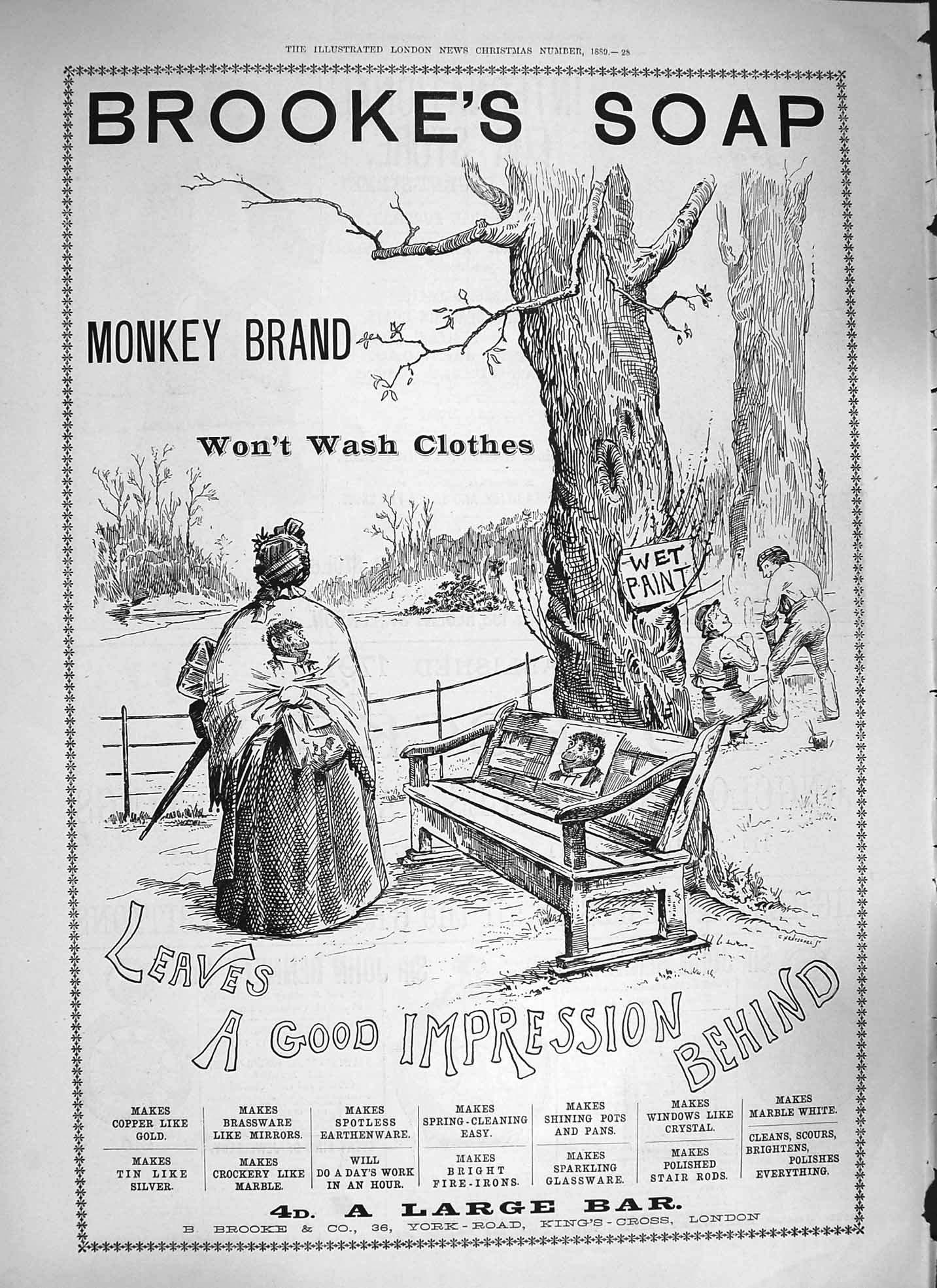 Antique Old Print *3838 1889 Advertisement Brookes Monkey Brand Soap London
