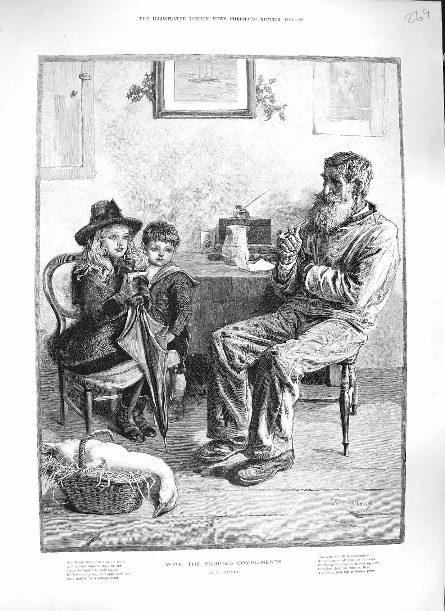 Original Old Antique Print Rainey 1889 Man Family Children Dead Goose Victorian