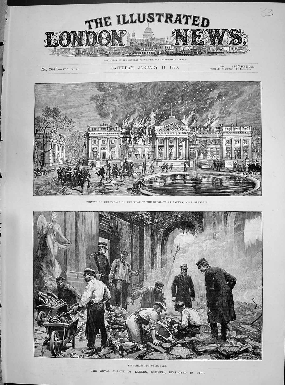 Antique Print 1890 Burning Fire Royal Palace King Belgians Laeken Brussels 19th