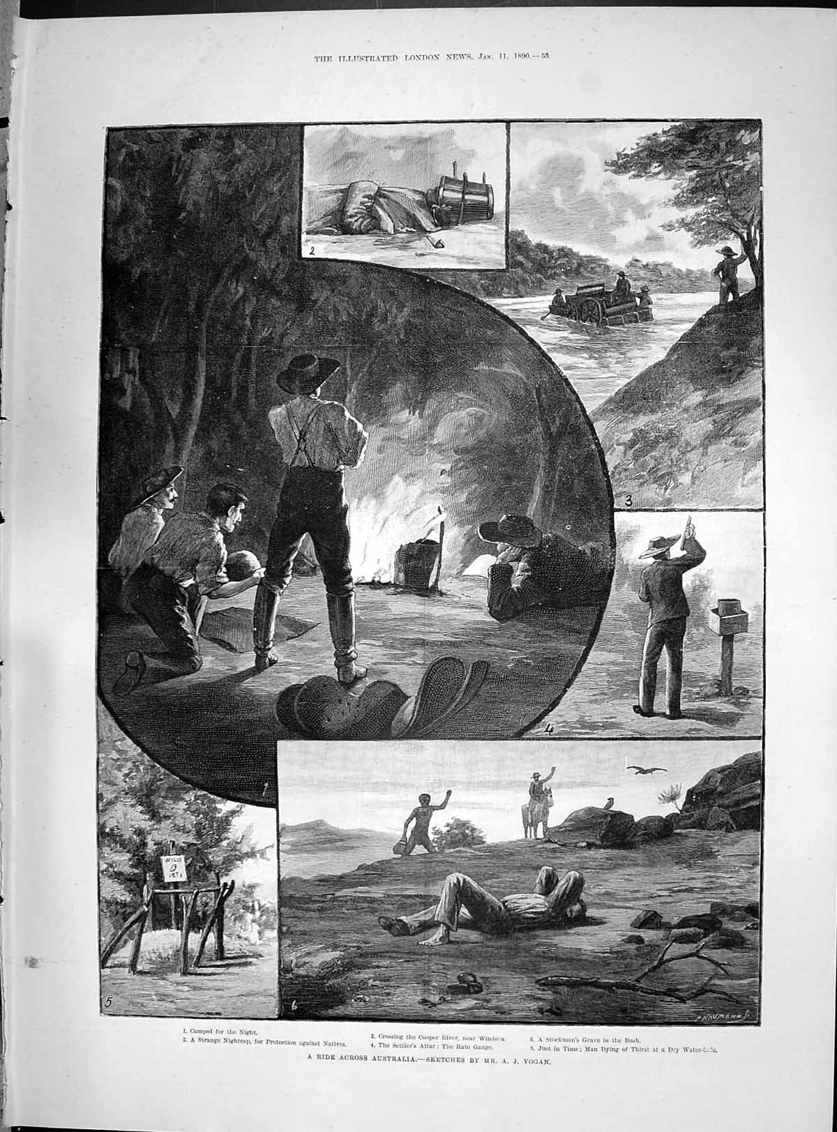 Antique Print 1890 Australia Cooper River Windora Stockman Grave Water-Hole
