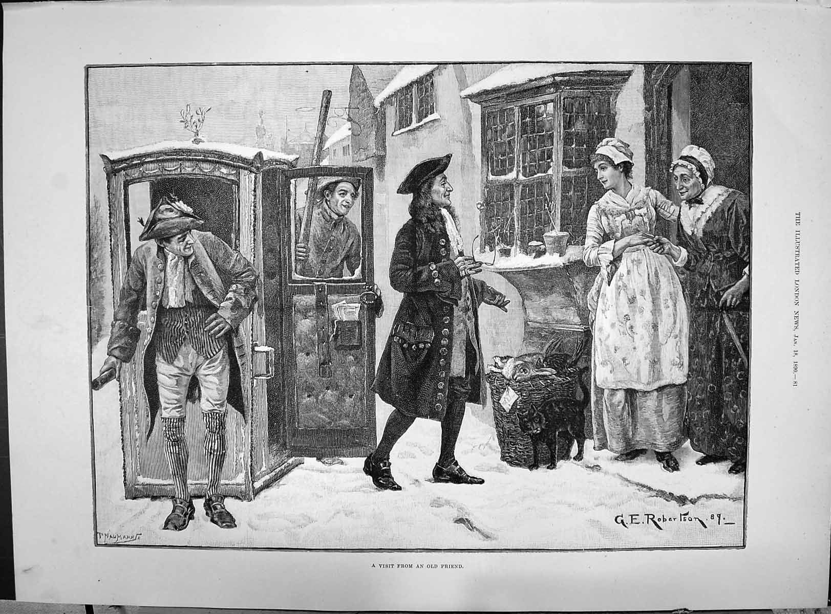 Antique Old Print 1890 Winter Scene Snow Visit Friend Family Home Transport
