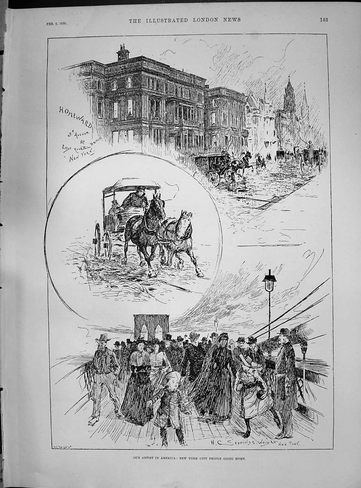 Antique Old Print 1890 New York America 5Th Avenue Buildings Horses Transport