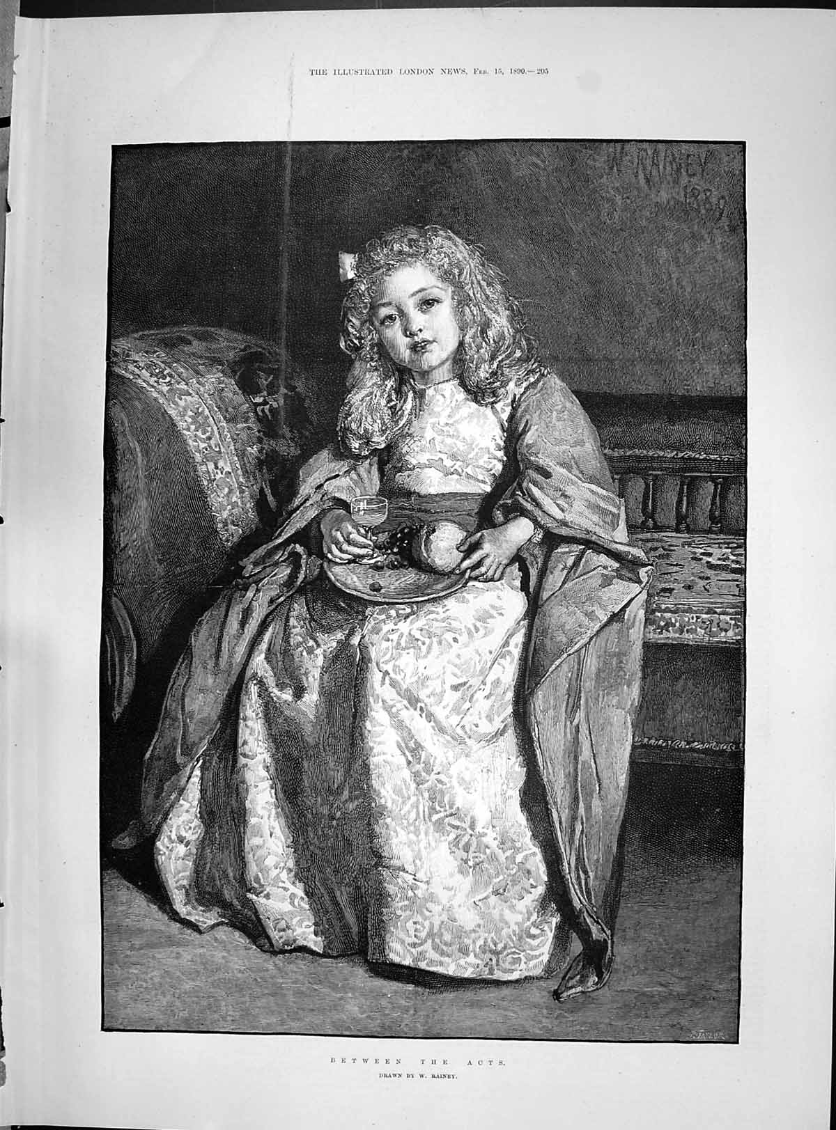 Antique Old Print 1890 Beautiful Little Girl Between Acts Backstage Theatre