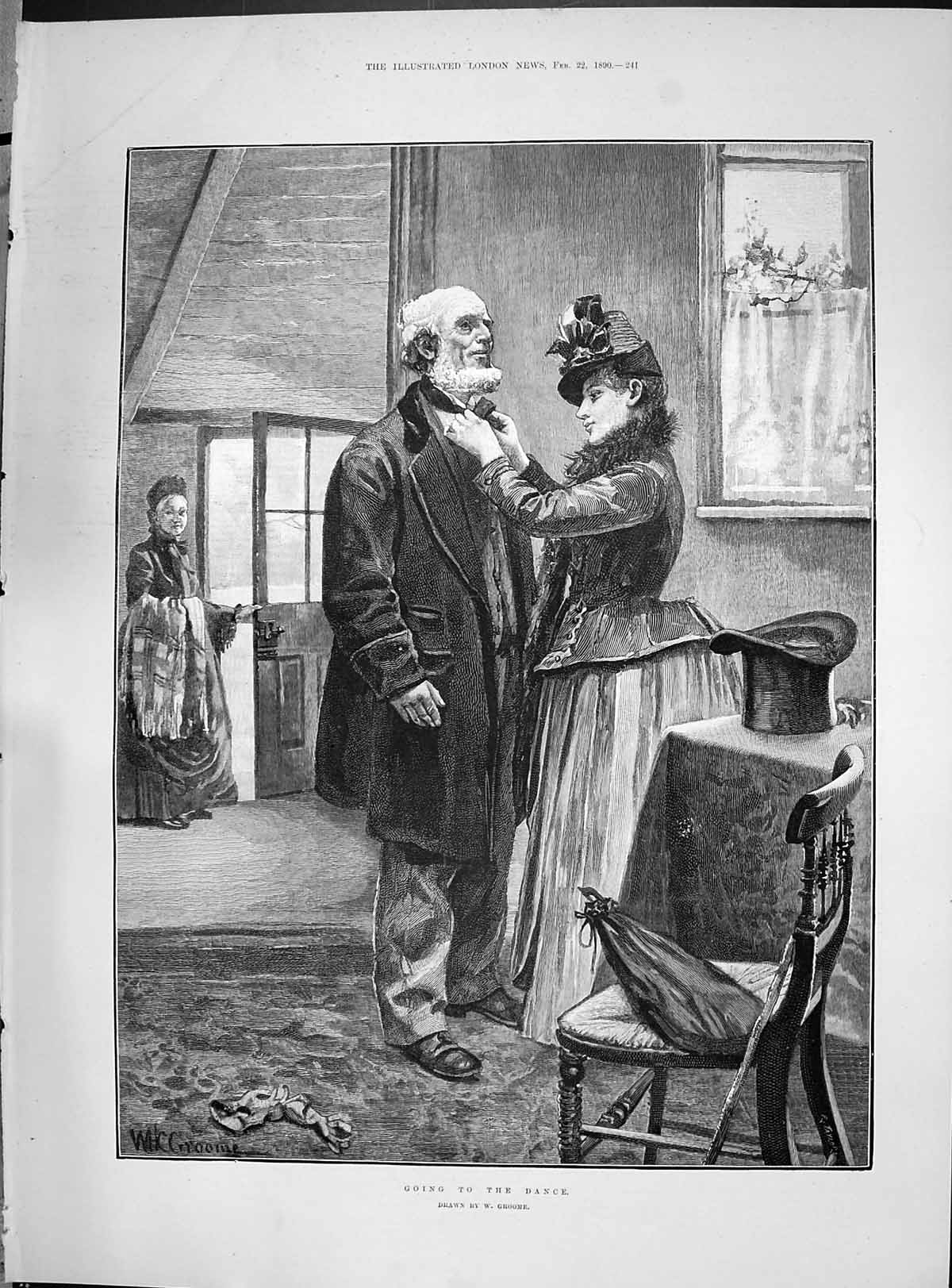 Original Old Antique Print Groome 1890 Man Lady Getting Ready For The Dance