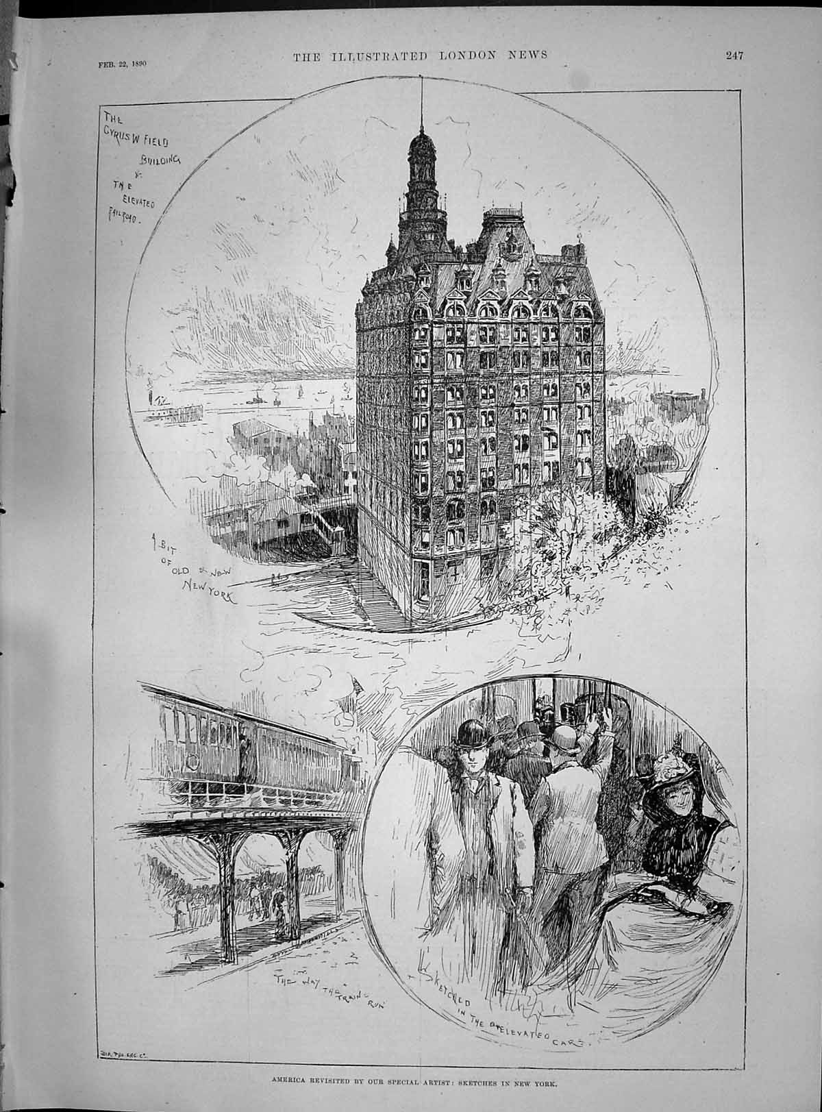 Old 1890 America New York Cyrus Field Building Railway Train Elevated Victorian
