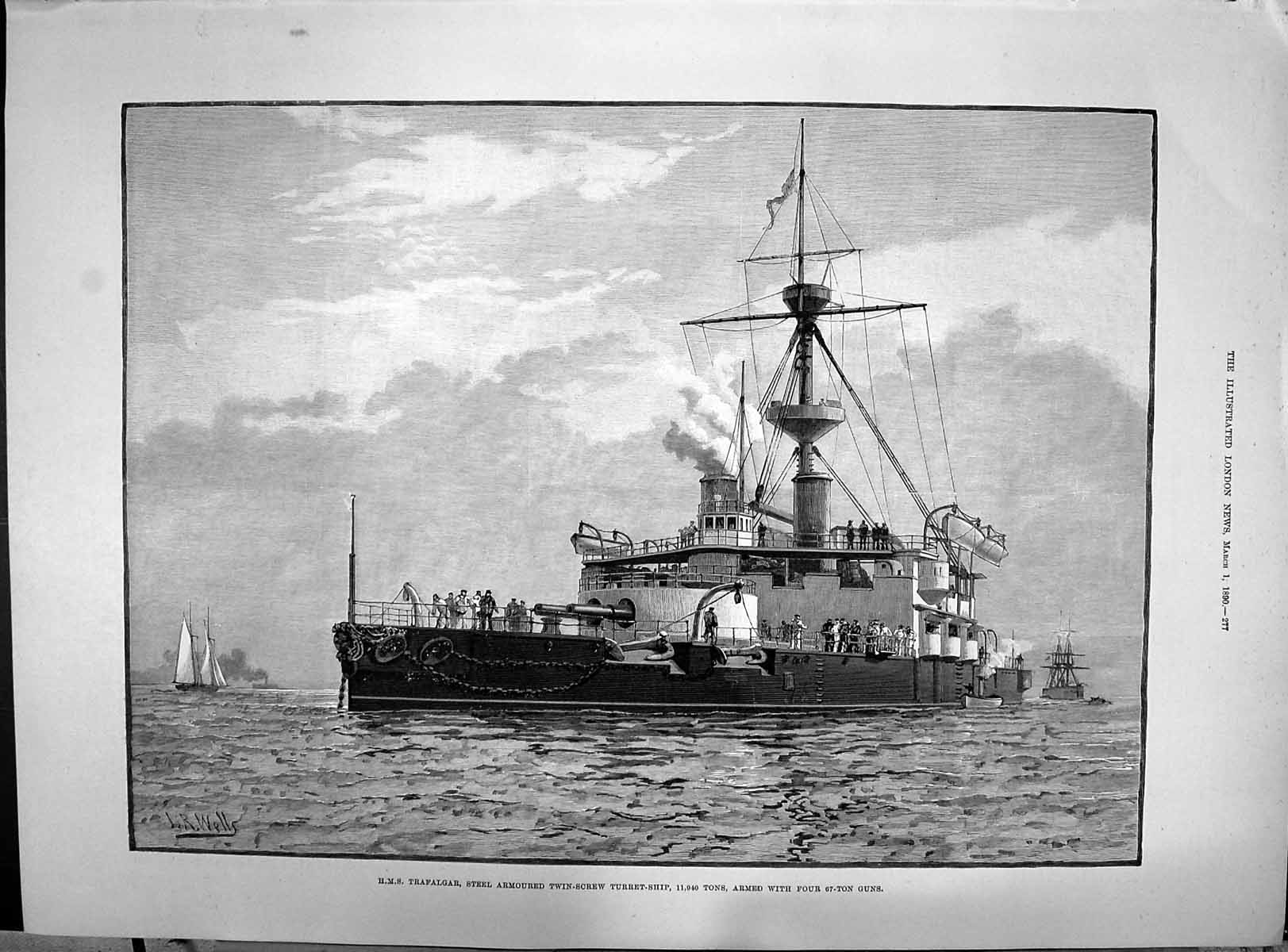 Old Print 1890 War Ship H.M.S. Trafalgar Steel Armoured Twin-Screw Turret 19th