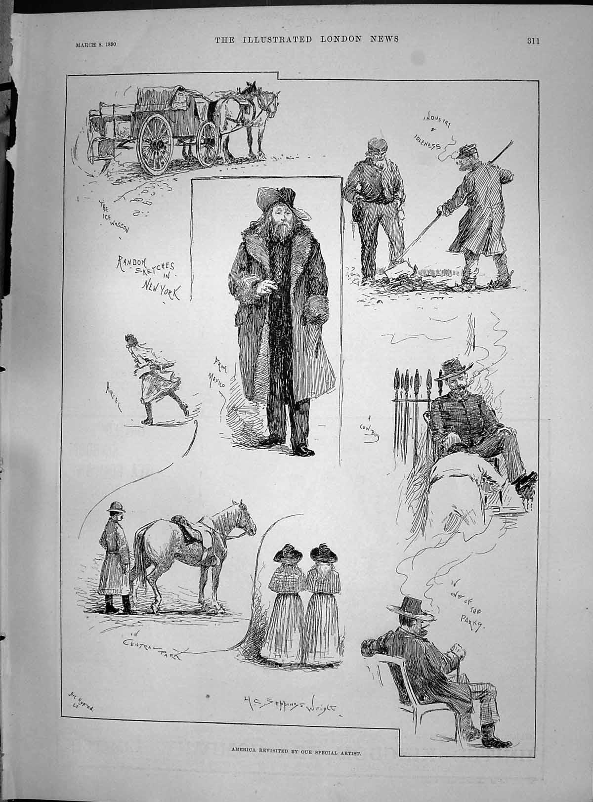 Antique Old Print 1890 America New York Ice Waggon Central Park Horse Wright
