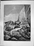 Antique Print 1890 Found Dead Horse Man Beach Seaside Fishermen Cliffs Sea 19th