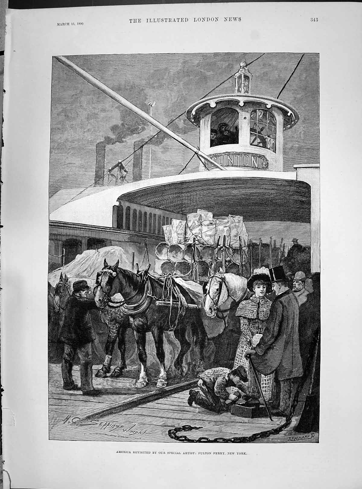 Original Old Antique Print 1890 America Fulton Ferry New York Transport Wright
