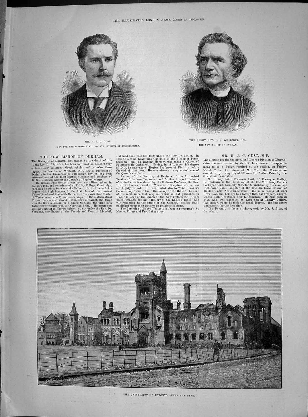 Old Antique Print University Toronto Cust Stamford Westcott Bishop 1890 19th