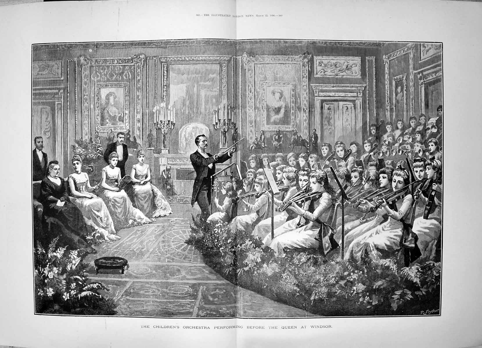 Old Print 1890 Children Orchestra Performing Queen Windsor Castle Music 19th
