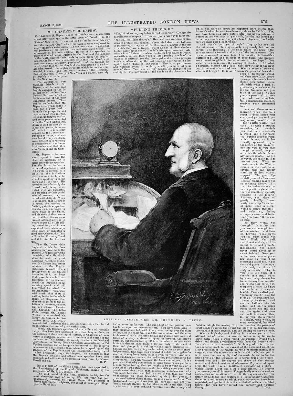 Original Old Antique Print 1890 American Celebrity Mr Chauncey Depew Portrait