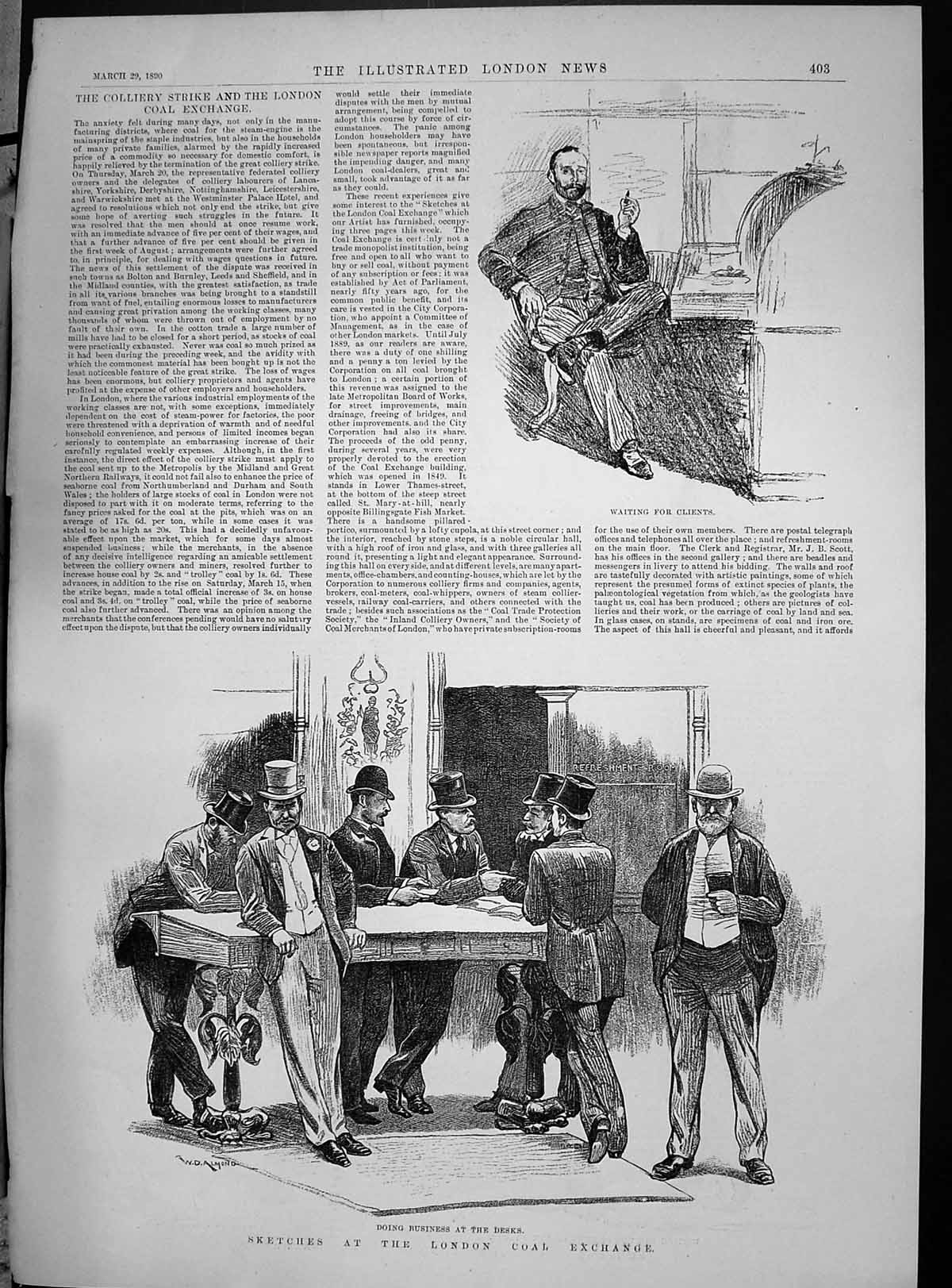 Old Antique Print 1890 Colliery Strike London Coal Exchange Portraits Men 19th