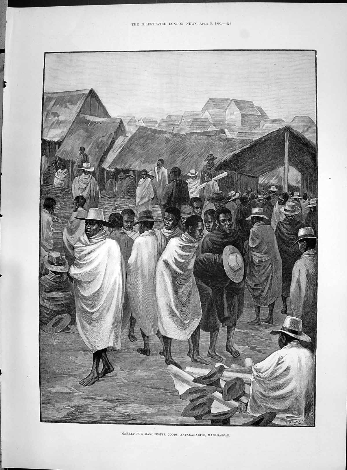 Original Old Antique Print 1890 Market Manchester Goods Antananarivo Madagascar