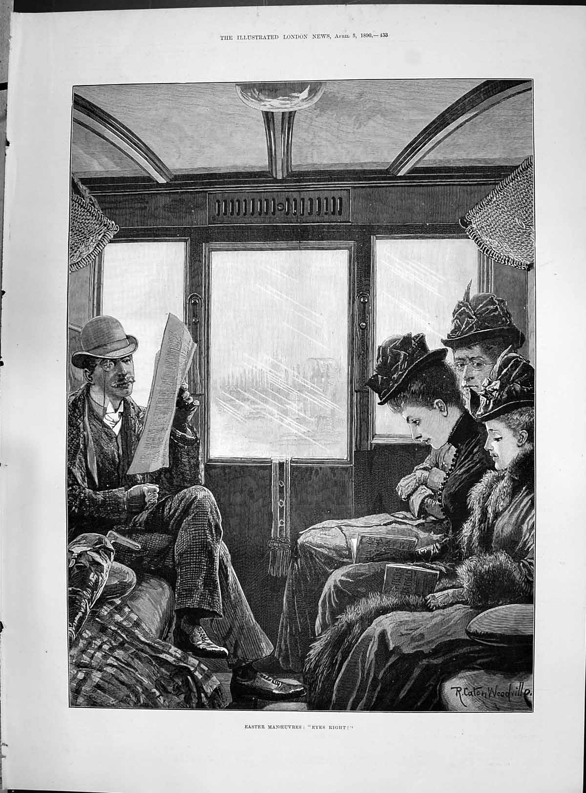 Antique Old Print 1890 Easter Manoeuvres Eyes Right Ladies Travelling Train