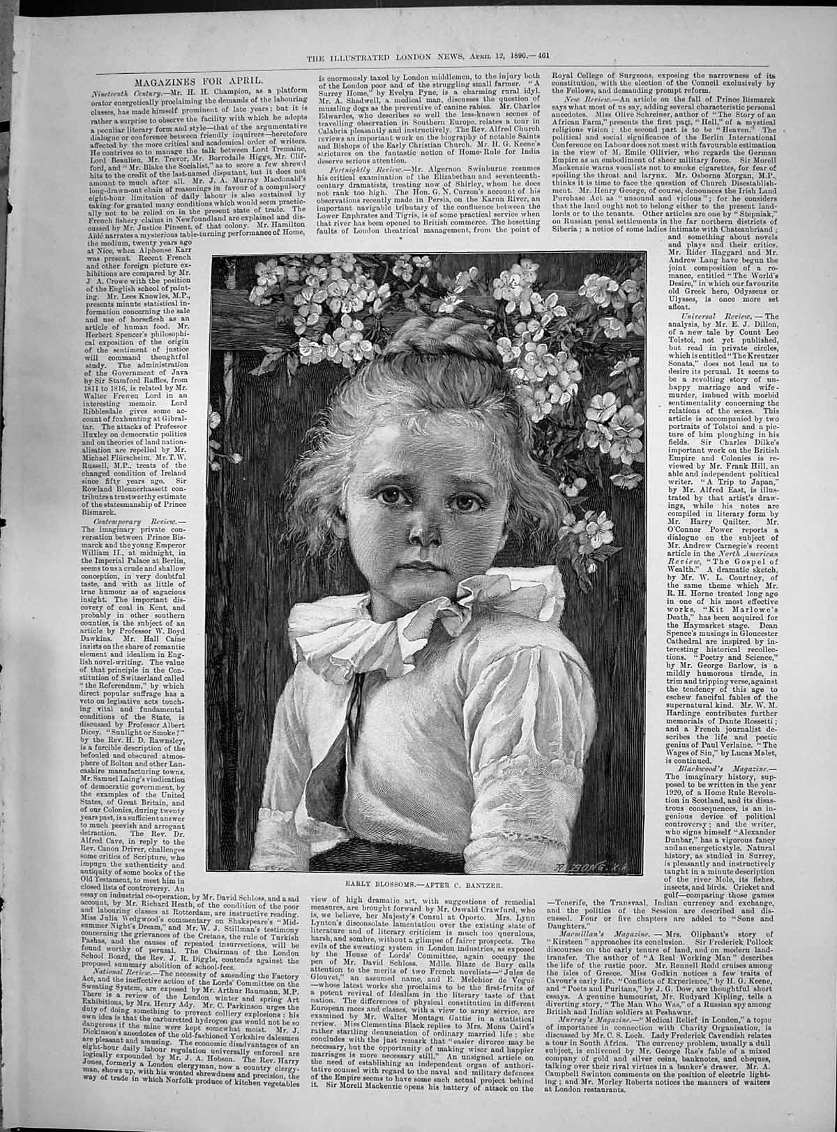 Antique Old Print 1890 Beautiful Young Girl Early Blossoms Flowers Bantzer 19th