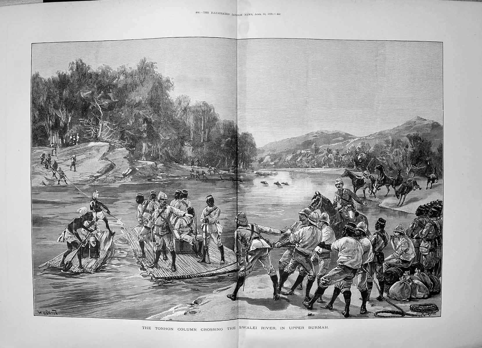 Old 1890 Tonhon Column Army Crossing Swalei River Upper Burmah Taylor 19th