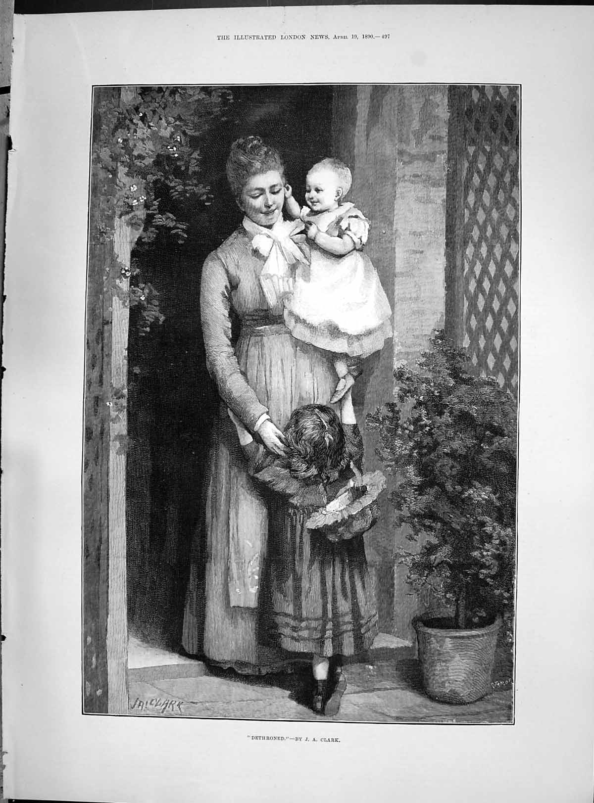 Old Antique Print Taylor Clark 1890 Dethroned Mother Children Family Home 19th