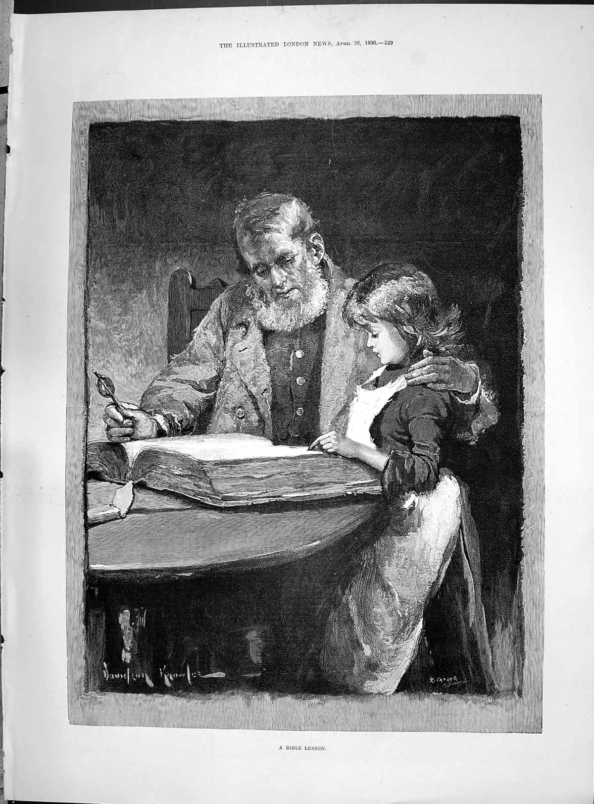 Antique Old Print Davidson Knowles 1890 Bible Lesson Young Girl Man Religion