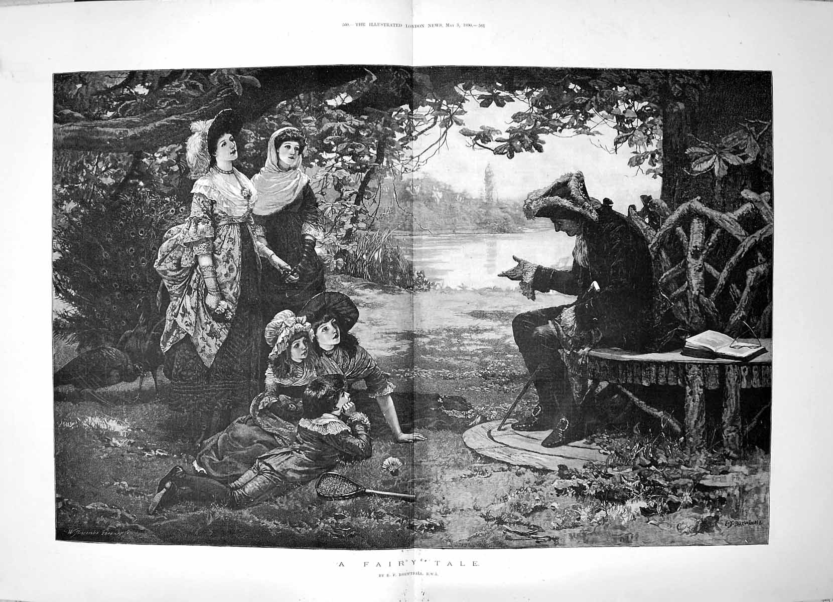 Old 1890 Fairy Tale Man Telling Children Story Woods River View Brewt 19th