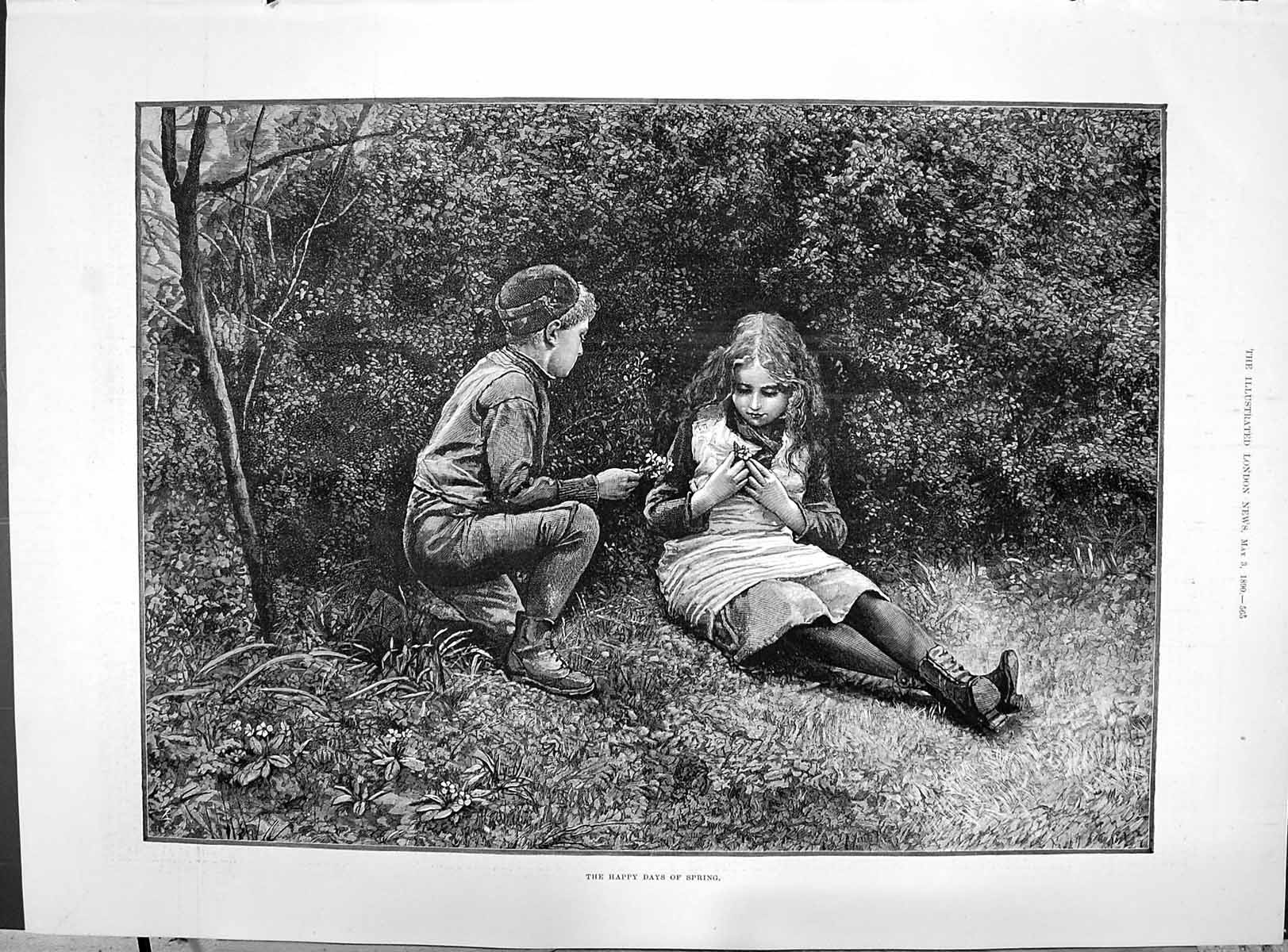 Antique Old Print 1890 Happy Days Spring Children Garden Flowers Butterflies