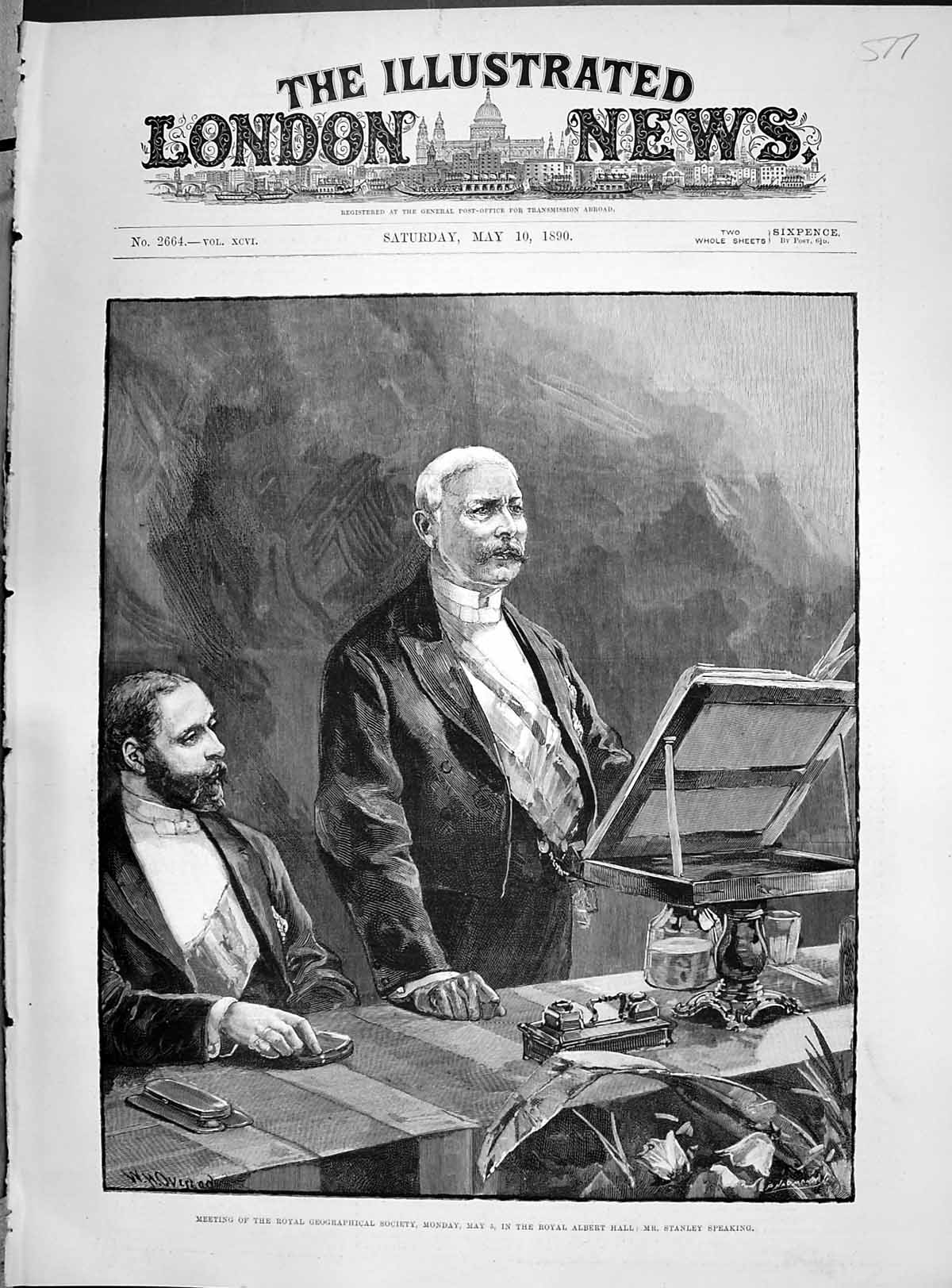 Antique Old Print 1890 Royal Geographical Society Royal Albert Hall Stanley