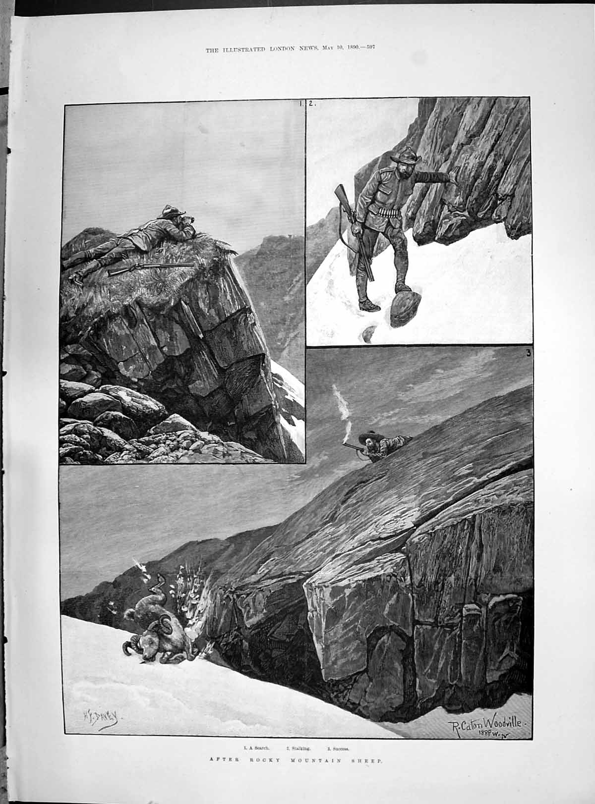 Antique Old Print 1890 Hunting Rocky Mountain Scene Stalking Sport Woodville