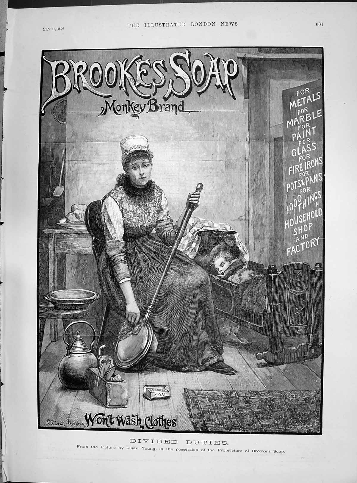 Old Print 1890 Brookes Monkey Brand Soap Lady Cleaning Bedpan House Scene 19th