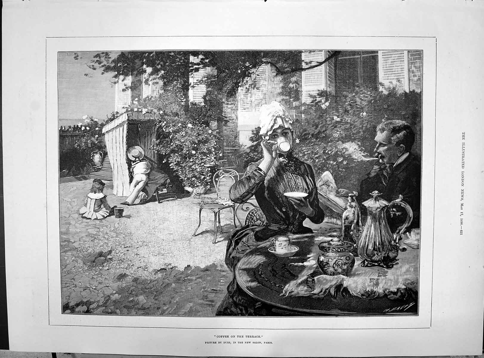 Old Antique Print 1890 Family Home Garden Coffee Terrace Duez Salon Paris 19th