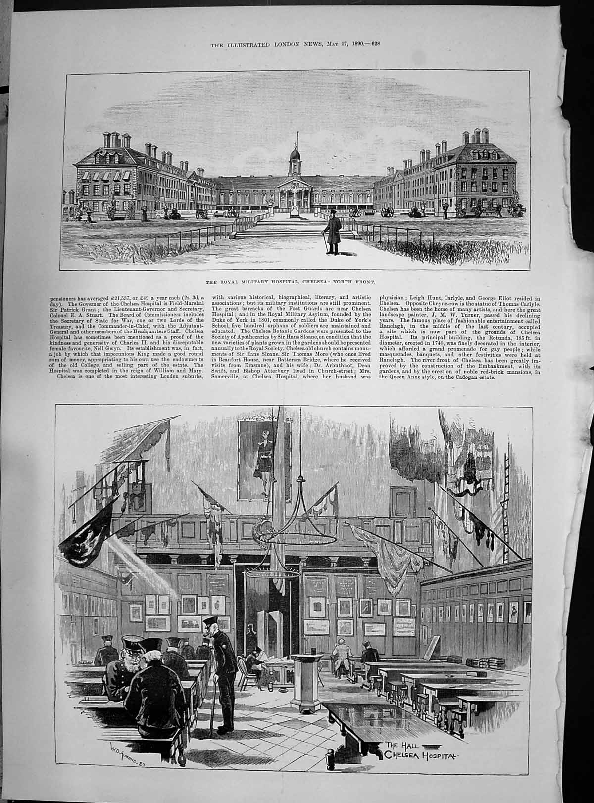 Antique Print 1890 Building Royal Military Hospital Chelsea Hall Pensioners