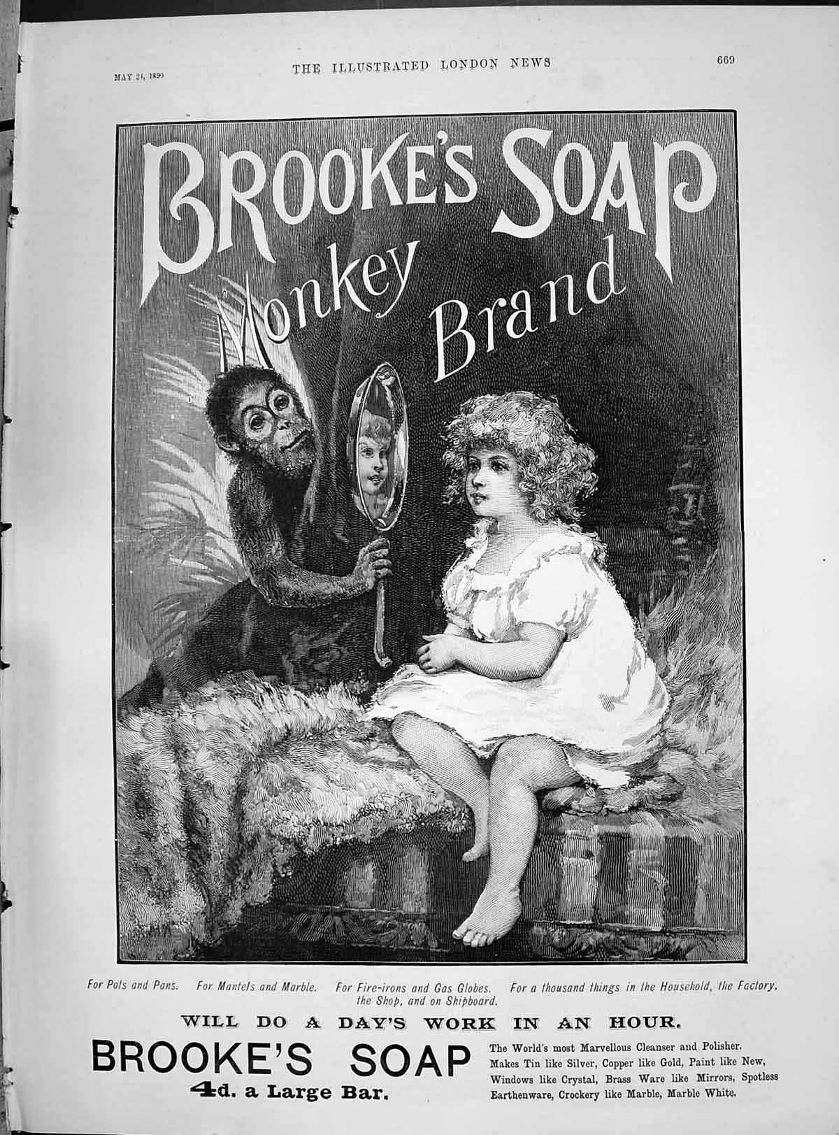 Antique Old Print 1890 Brooke'S Monkey Brand Soap Young Girl Looking Mirror