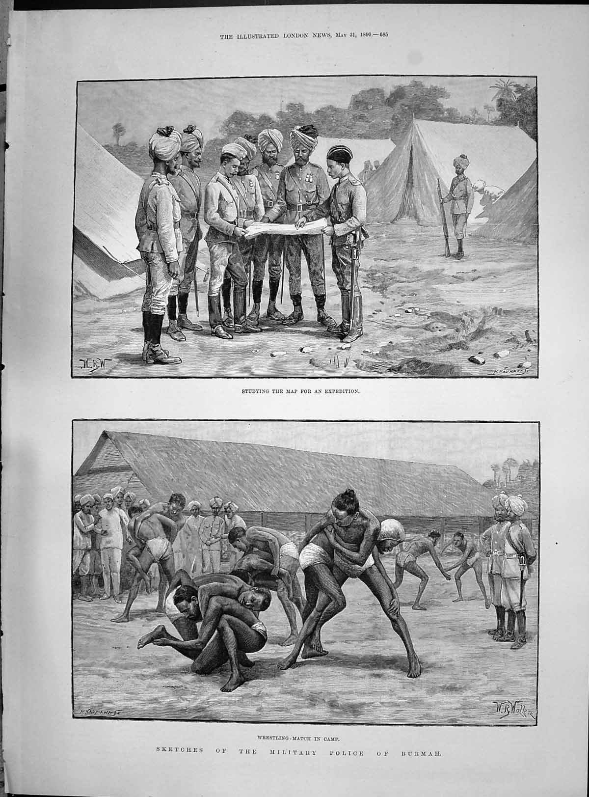Old Print 1890 Military Police Burmah Wrestling Match Camp Siers Studyin 19th